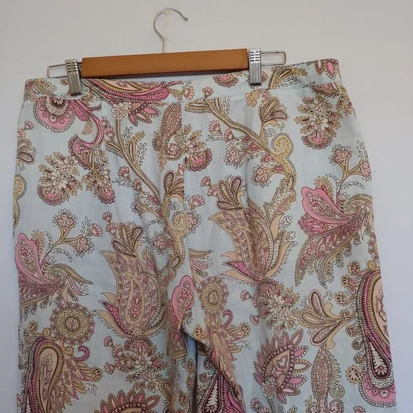 Tommy Hilfiger 100% linen pale blue, pink, gold paisley pastel crop pants SZ 10 - Picture 7 of 10